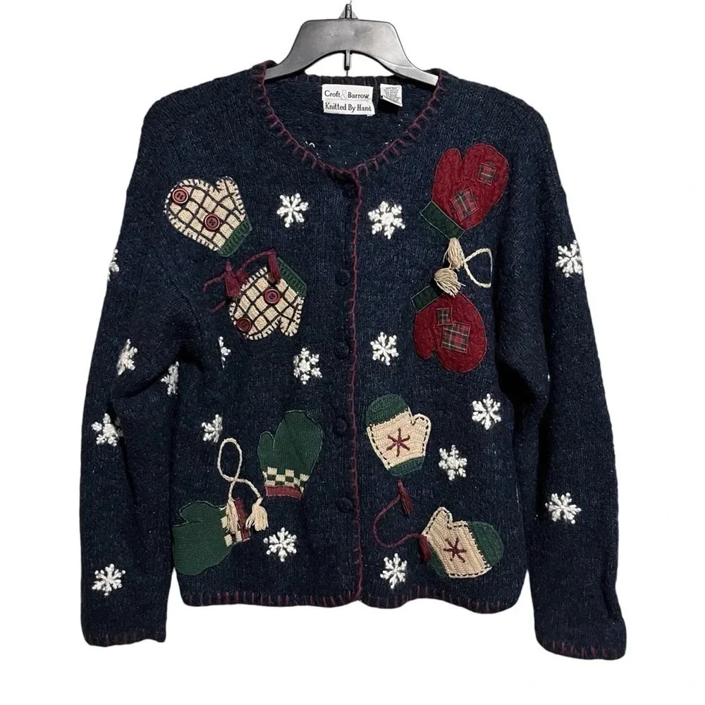 Retro Croft Barrow Hand Knit Christmas Holiday Sweater Cardigan XL Blue Red